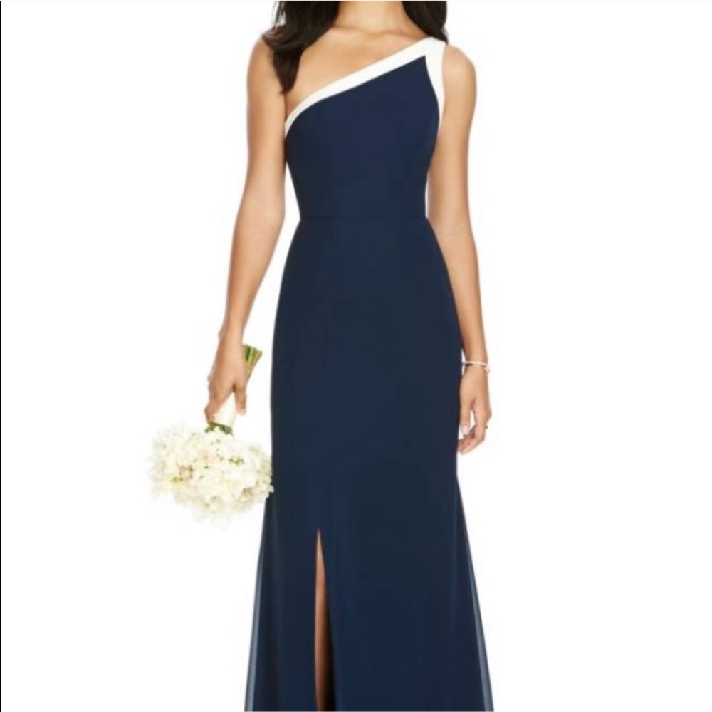 One-Shoulder Chiffon Gown- Midnight Blue, Size 6